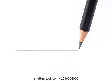 Black Pencil Drawing A Straight Line, Isolated On White Background