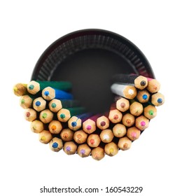 Black Pencil Holder Full Of Colorful Pencils, Top View Above, Isolated Over White Background