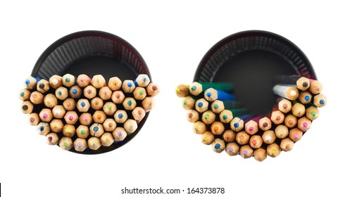 Black Pencil Holder Full Of Colorful Pencils, Top View Above, Isolated Over White Background, Set Of Two Foreshortenings