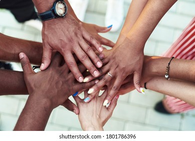 Black People With Hands Joined. Group Of People Stacking Hands Together