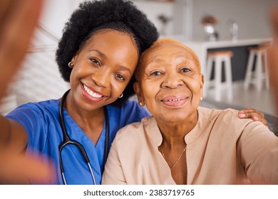 Black people, nurse and hug in elderly care for selfie, love or support and trust together at home. Portrait of happy African medical caregiver with senior female person smile for photo in the house - Powered by Shutterstock