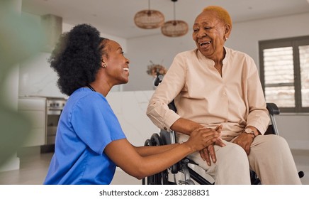 Black people, nurse and senior holding hands in wheelchair, elderly care and healthcare at home. Happy African female medical caregiver helping old age person with a disability or patient in house - Powered by Shutterstock