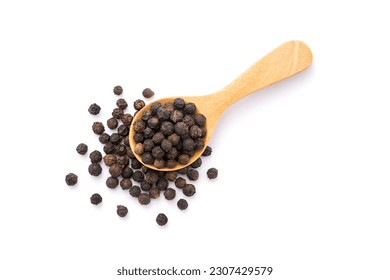 Black pepper or peppercorns in wooden spoon isolated on white background , top view , flat lay.