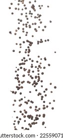 Black Pepper seeds fall down pour in group, Black Pepper float explode, abstract cloud fly. Black Peppercorn splash throwing in Air. White background Isolated high speed shutter, freeze motion