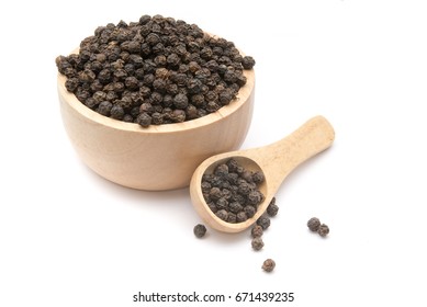 Black Pepper In Wooden Bowl Isolated On White Background