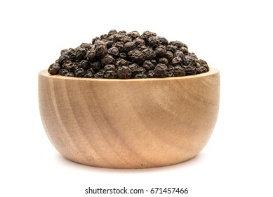 Black Pepper In Wooden Bowl Isolated On White Background