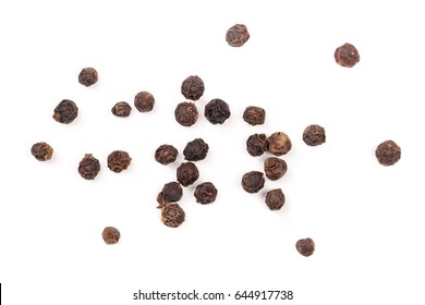 Black Peppercorn Isolated On White Background. Top View