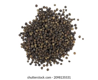 Black peppercorns on a white background. Heap of peppercorns top view. Hot spices for dishes. 