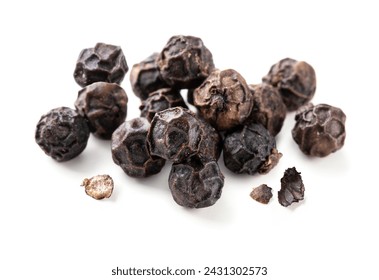 Black peppers isolated on white background. Pile of black peppercorns macro. - Powered by Shutterstock