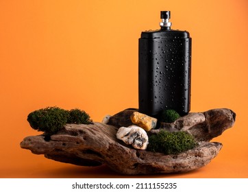 Black Perfume Bottle With Water Drops On  Stand Made Of Wood And Moss. Natural Perfumes, Woody Scents In Men's Perfume.
