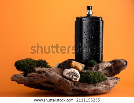 Black perfume bottle with water drops on  stand made of wood and moss. Natural perfumes, woody scents in men's perfume.