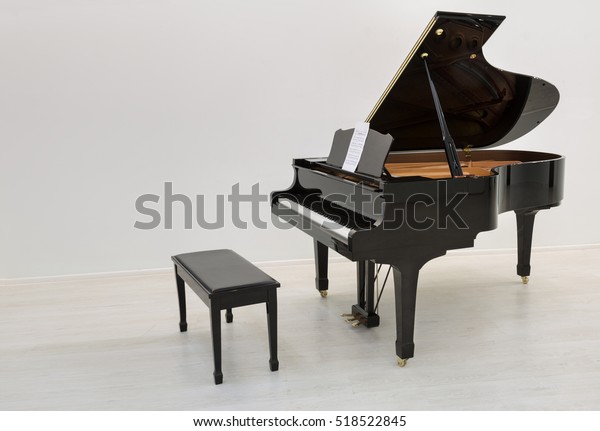 Black piano is\
ready to play in a white\
room