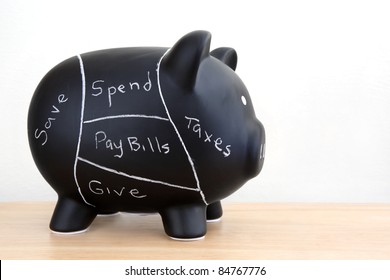 Black Piggy Bank With Pork Chart Spending Plan Drawn On With Chalk