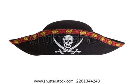 Black Pirate Hat With Skull and Cross Bones Cut Out on White.