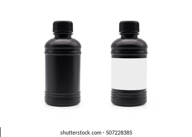 Black plastic bottle and black lid on isolated background with clipping path.