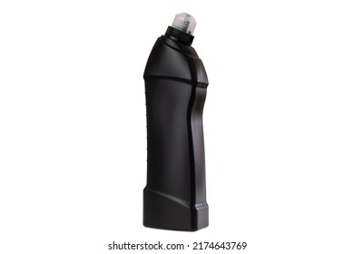 Black Plastic Bottle With Sanitary Detergent Isolated On White Background.