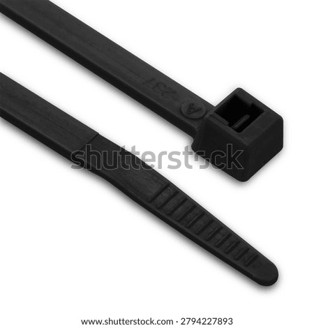 Black plastic cable tie (zip tie) isolated on a white background, featuring a durable self-locking mechanism for secure wire bundling, fastening, and cable management applications.