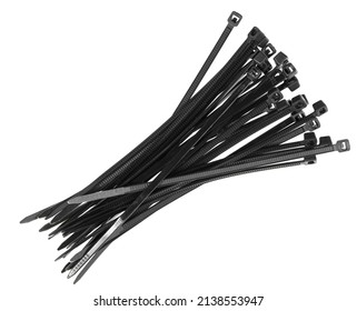 Black plastic cable ties isolated on white background. plastic wire ties closeup.