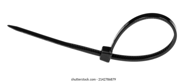 Black Plastic Cable Ties Isolated On White Background. Plastic Wire Ties Closeup.