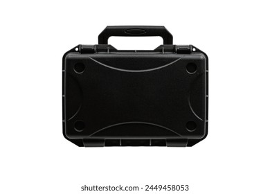 Black plastic container with foam inside for safe storage and transportation of fragile and expensive items. Sturdy plastic case. Isolate on a white background.