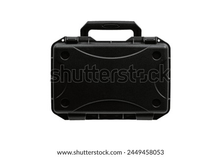 Black plastic container with foam inside for safe storage and transportation of fragile and expensive items. Sturdy plastic case. Isolate on a white background.