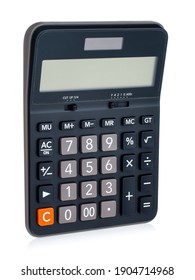 Black Plastic Digital Calculator, Isolated On A White Background, Close-up. Symbol Economics, Mathematics, Accounting, Finance Concept. The Day Of Knowledge, To Calculate, To Count Money.