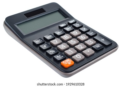 Black Plastic Digital Calculator, Isolated On A White Background, Close-up. Symbol Economics, Mathematics, Accounting, Finance Concept. The Day Of Knowledge, To Calculate, To Count Money.