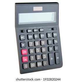 Black Plastic Digital Calculator, Isolated On A White Background, Close-up. Symbol Economics, Mathematics, Accounting, Finance Concept. The Day Of Knowledge, To Calculate, To Count Money.