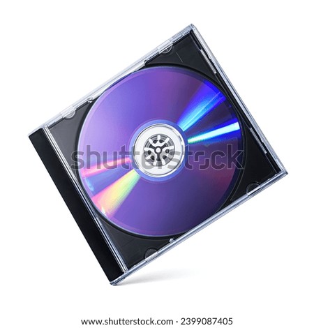 Black plastic disc box case CD DVD jewel with purple rewritable disk isolated on white background.