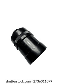 Black plastic electrical fitting isolated on white background. Industrial electrical connector or lamp holder component made of durable insulating plastic. Used for electrical installation, lighting fixture assembly, and wiring accessories. Simple cylindrical design with flange for stable mounting. Suitable for household and industrial electrical applications.