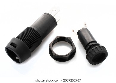 Black Plastic Electronic Fuse Holder For Panel Mount On White Background