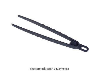 Black Plastic Food Tongs Isolated On White Background.