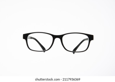 Black Plastic Frame Eyeglasses. Close Up Studio Shot, Isolated On White Background, No People.