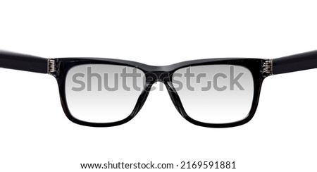 Black plastic glasses isolated on white background, point of view shot