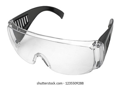 Black plastic protective work glasses isolated on a white background
