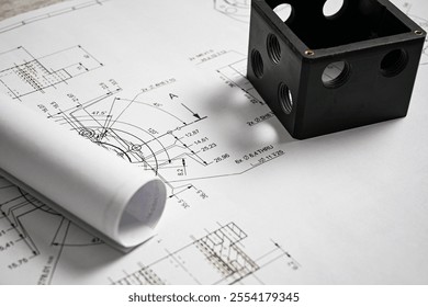 Black plastic prototype lying on technical drawing with measurements, showcasing precision and engineering.