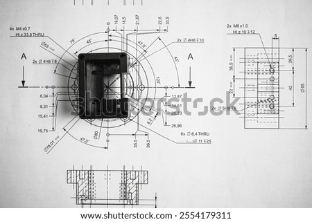 Black plastic prototype lying on a technical drawing with measurements, angles, and section views.