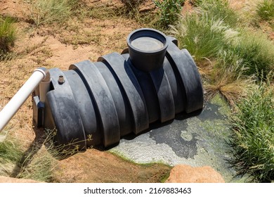 Black plastic septic tank that is partially buried in the ground. The tank is leaking dirty polluted water into the ground next to it. Green algae is growing in the water.