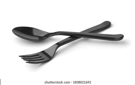 Black Plastic Spoon And Fork Isolated On White