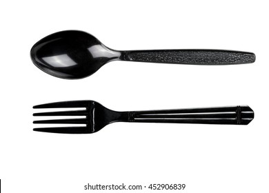 Black Plastic Spoon And Fork Isolated On White Background