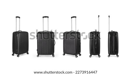Black plastic suitcase isolated on white background, vacation luggage in perspective view