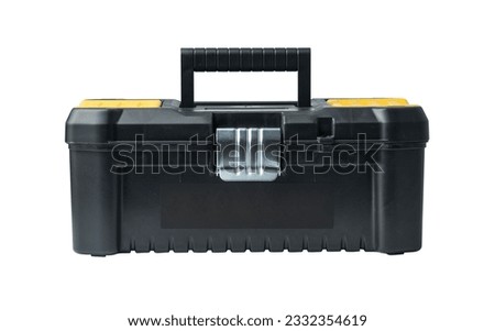Black plastic tool box with lid closed isolated on white background
