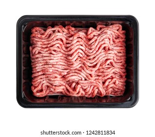 Black Plastic Tray With Raw Fresh Pork Minced Meat Isolated On White Background. Packaging Design For Mock Up.