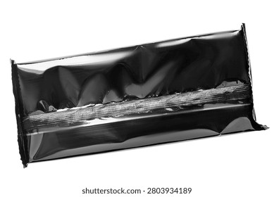 Black plastic unopened package isolated on white background