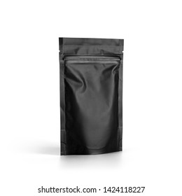 Black plastic vacuum sealed pouch coffee bag isolated on white background. Packaging template mockup collection. Stand-up Half Side view package.