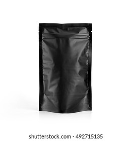 Black Plastic Vacuum Sealed Pouch Coffee Bag Isolated On White Background. Packaging Template Mockup Collection. With Clipping Path Included.