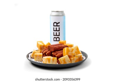 A Black Plate Of Pepperoni And Cheese Chunks With A Fake Generic Labelled Tall Can Of Beer Isolated On White