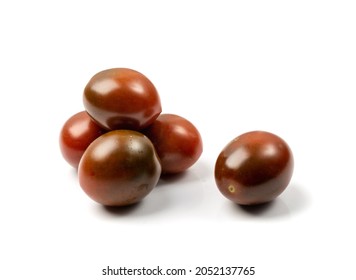 Black Plum Tomato Group Isolated. Whole Small Brown Cherry Tomatoes Pile, Mini Organic Cocktail Tomate On White Background