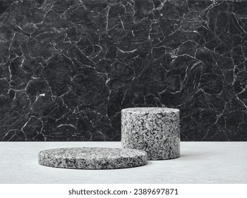 black podium, pedestal for mounting your product over granite marble texture background, mockup, scene creator, copy space.