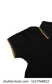 Black Polo Shirt Close Up, Casual T-shirt Design With Yellow And Blue Colors. Stylish Cotton Top, Detail Of Simple Summer Season Clothes For Men And Women